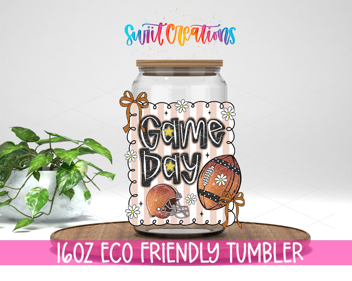 Football Game Day design on a 16 oz clear glass tumbler with bamboo lid