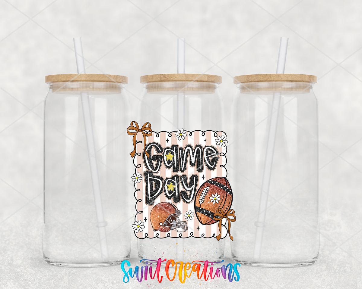 Football Game Day clear glass tumbler group mockup with bamboo lids and straws