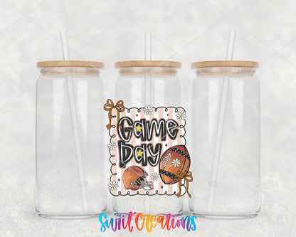 Football Game Day clear glass tumbler group mockup with bamboo lids and straws