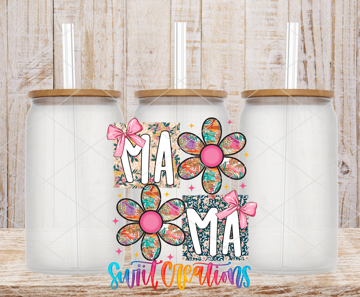 Mama frosted glass tumbler mockup with bamboo lids and straws