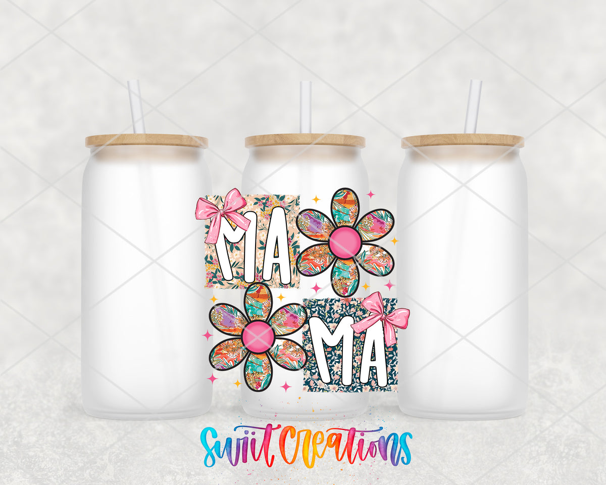 Mama frosted glass tumbler group view with lids and straws