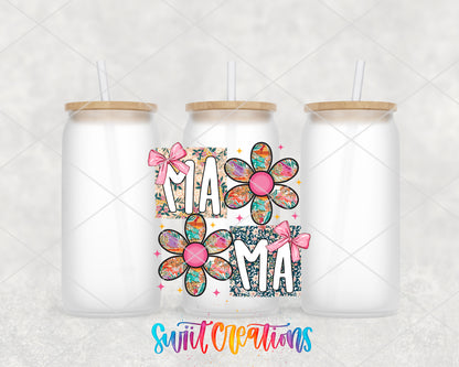 Mama frosted glass tumbler group view with lids and straws