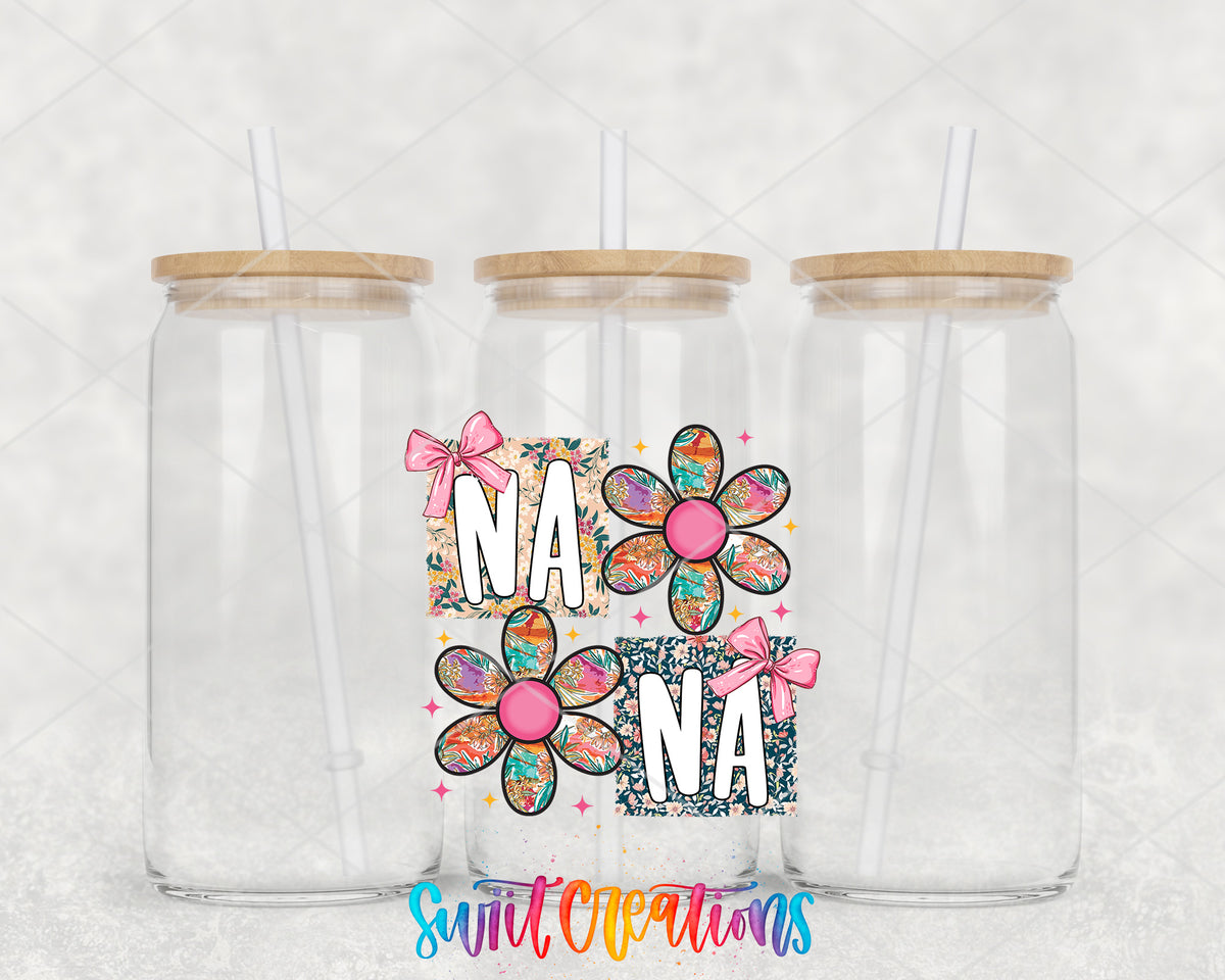 Nana clear glass tumbler group mockup with bamboo lids and straws