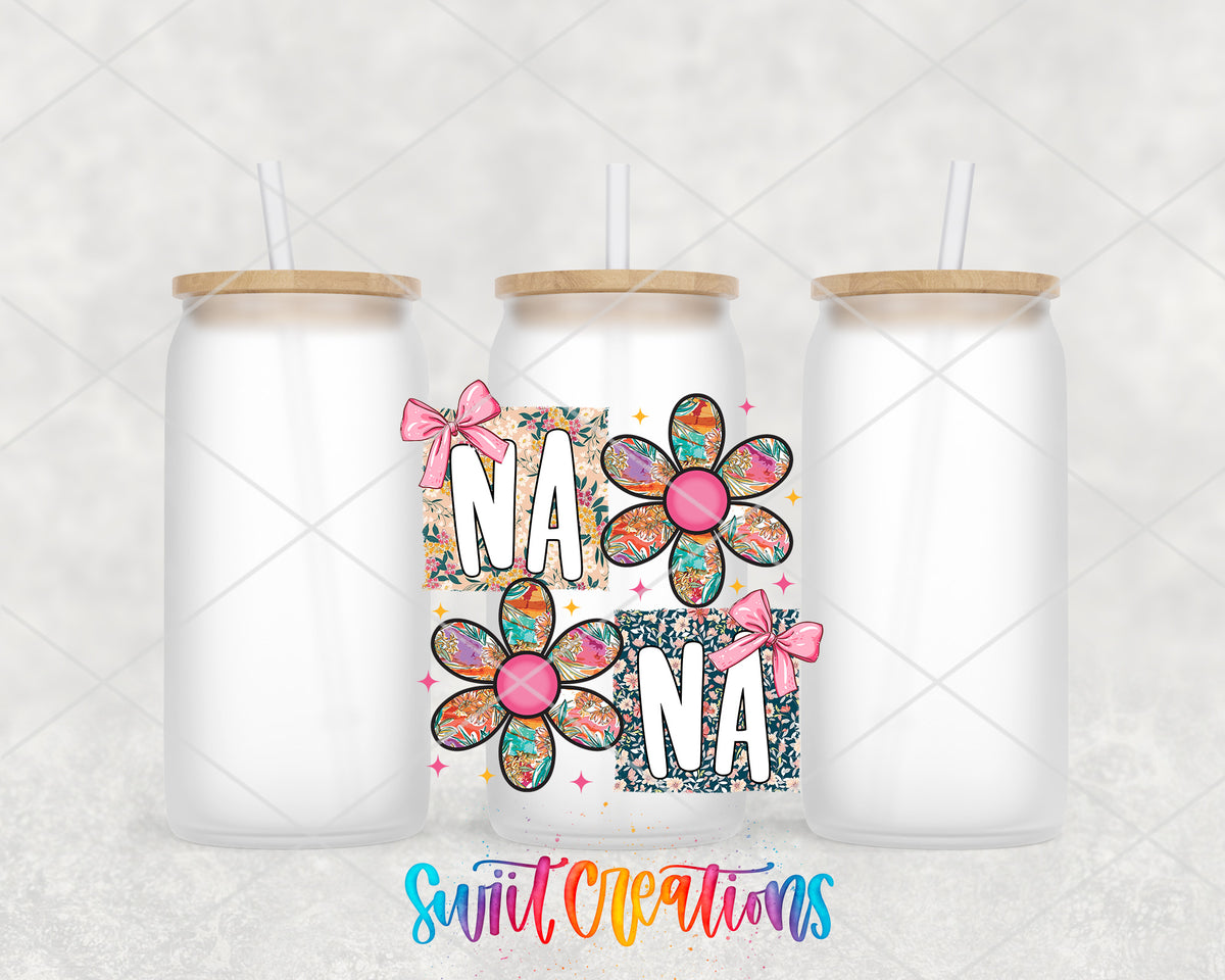 Nana frosted glass tumbler group view with lids and straws