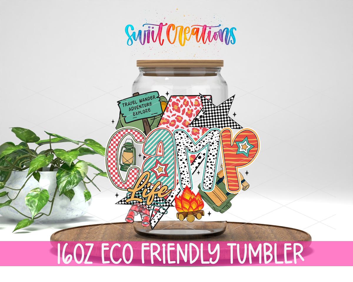 Camp Life design on a 16 oz clear glass tumbler with bamboo lid