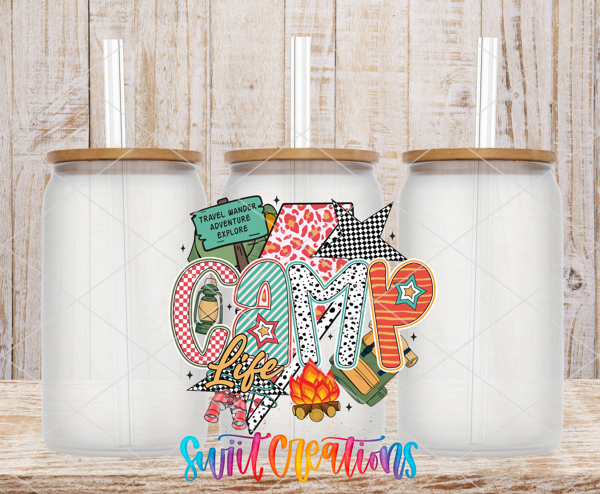 Camp Life frosted glass tumbler mockup with bamboo lids and straws