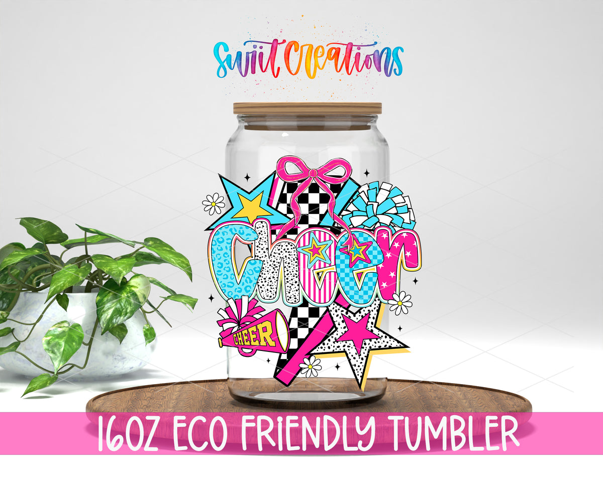 Cheer design on a 16 oz clear glass tumbler with bamboo lid