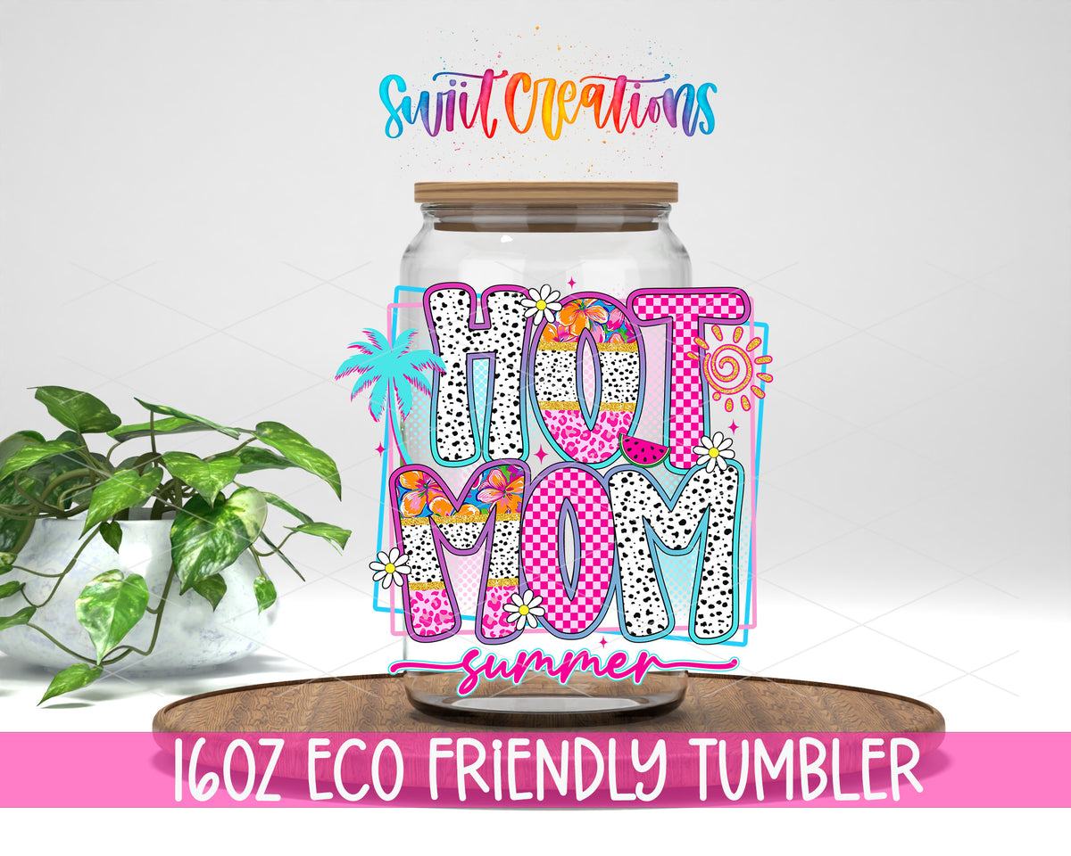 Hot Mom Summer design on a 16 oz clear glass tumbler with bamboo lid