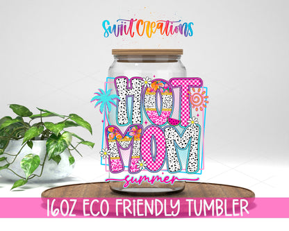 Hot Mom Summer design on a 16 oz clear glass tumbler with bamboo lid