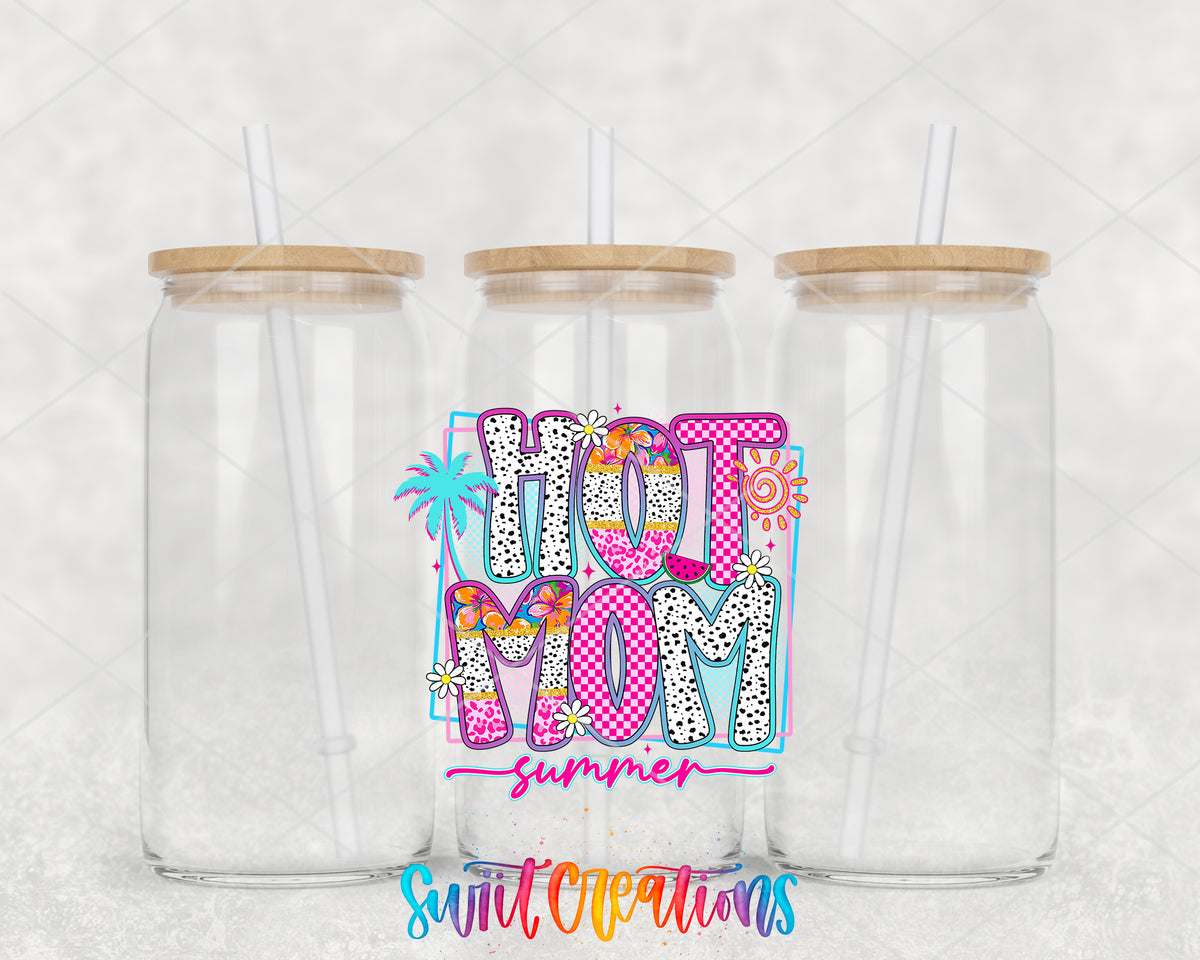 Hot Mom Summer clear glass tumbler group mockup with bamboo lids and straws