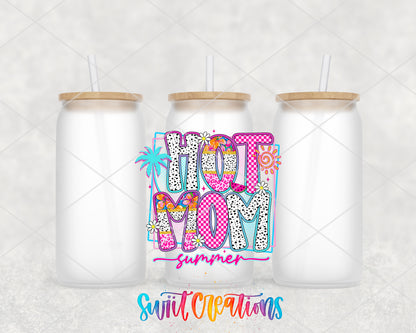 Hot Mom Summer frosted glass tumbler group view with lids and straws