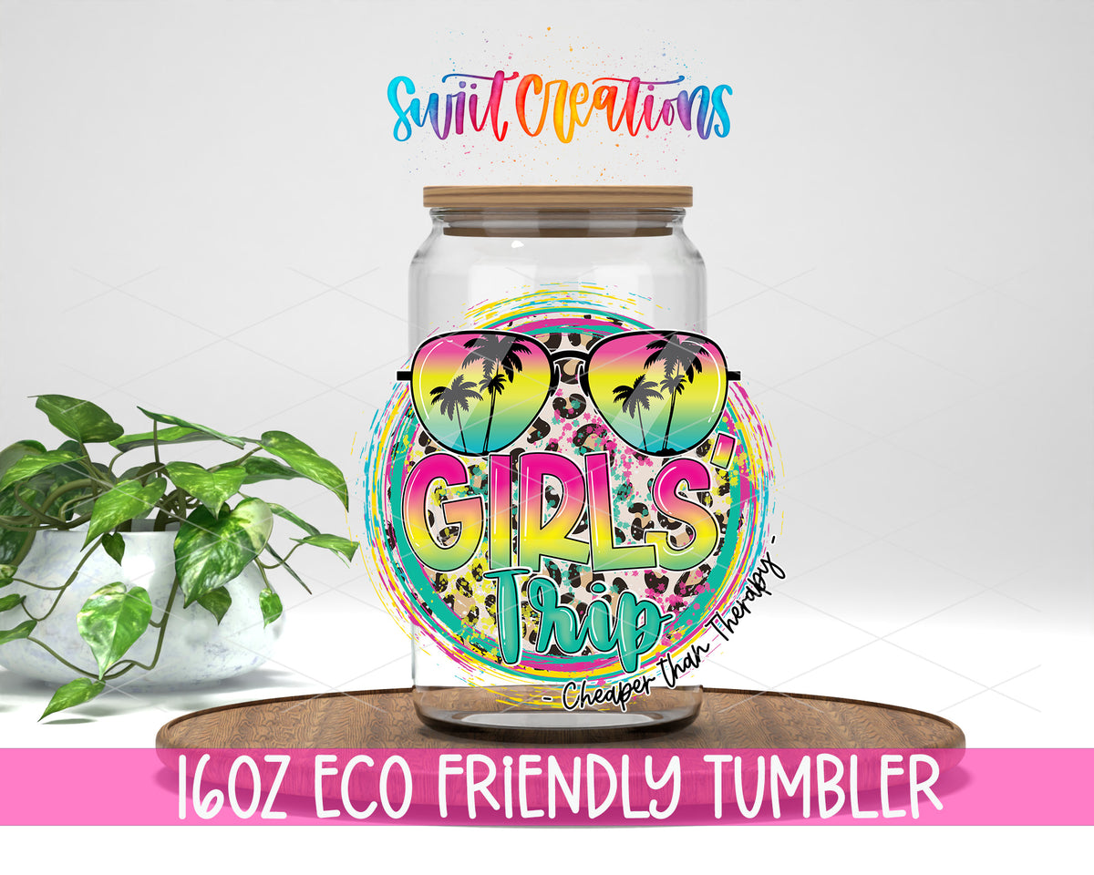 Girls Trip design on a 16 oz clear glass tumbler with bamboo lid