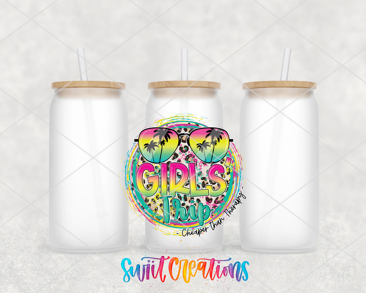 Girls Trip frosted glass tumbler group view with lids and straws