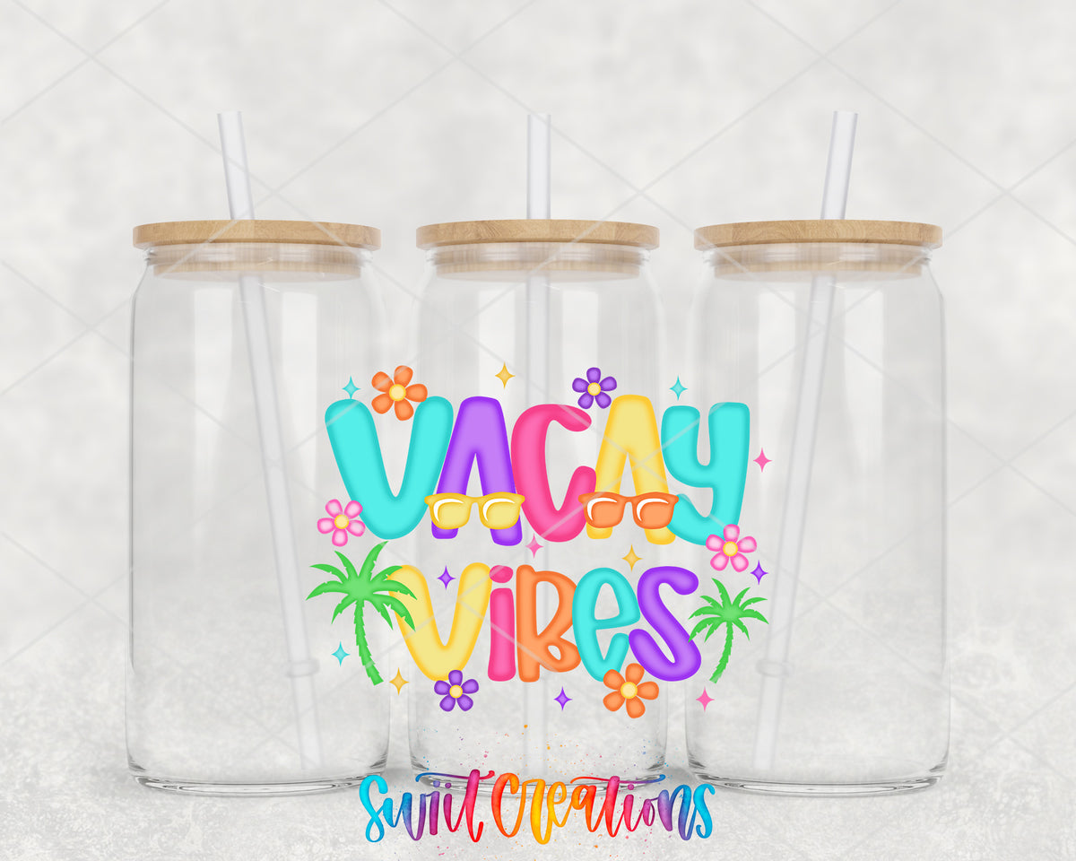Vacay Vibes clear glass tumbler group mockup with bamboo lids and straws
