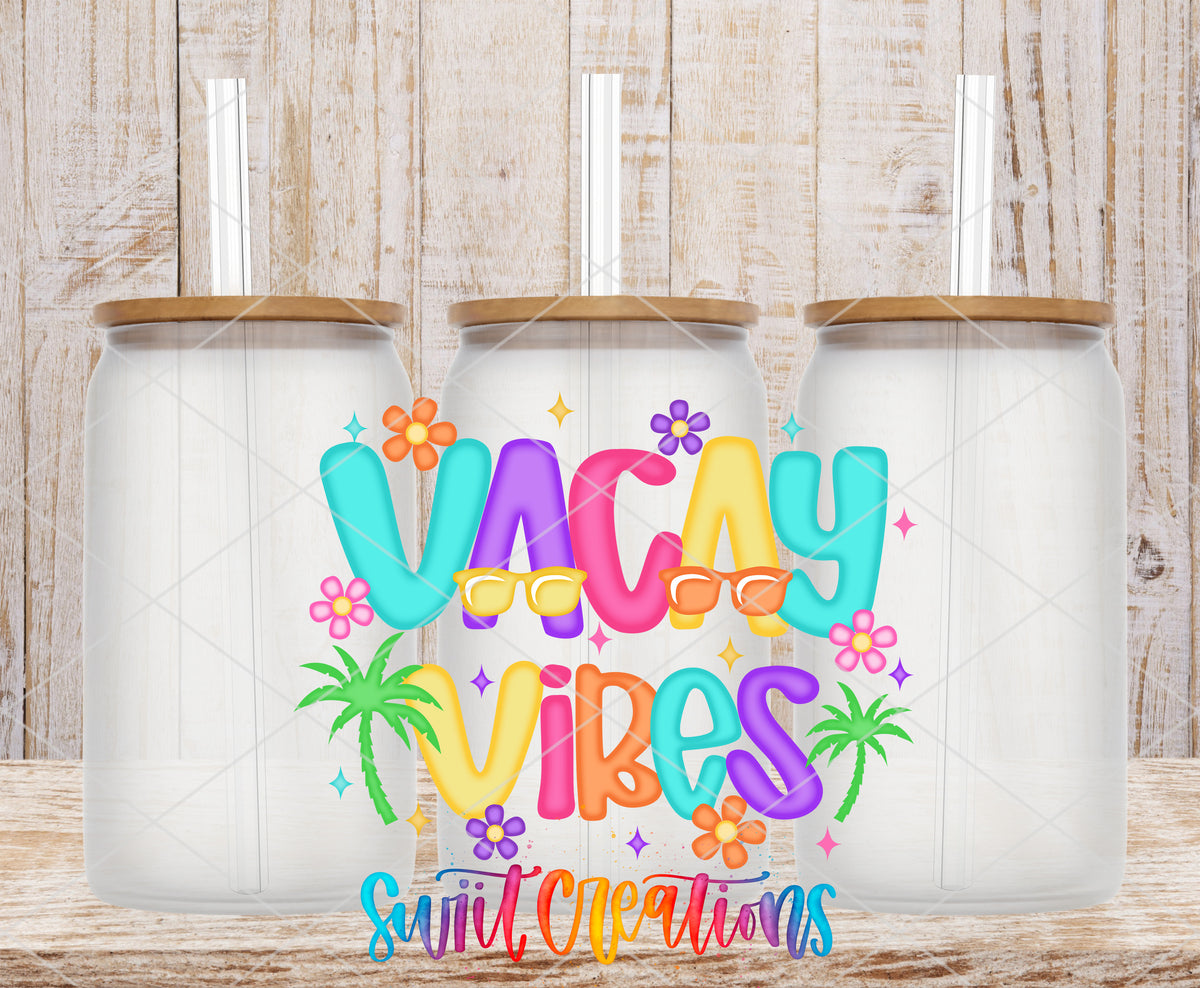 Vacay Vibes frosted glass tumbler mockup with bamboo lids and straws