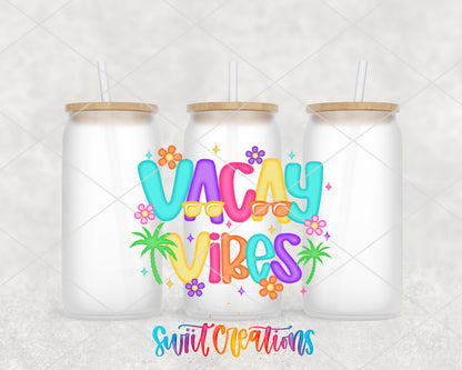 Vacay Vibes frosted glass tumbler group view with lids and straws
