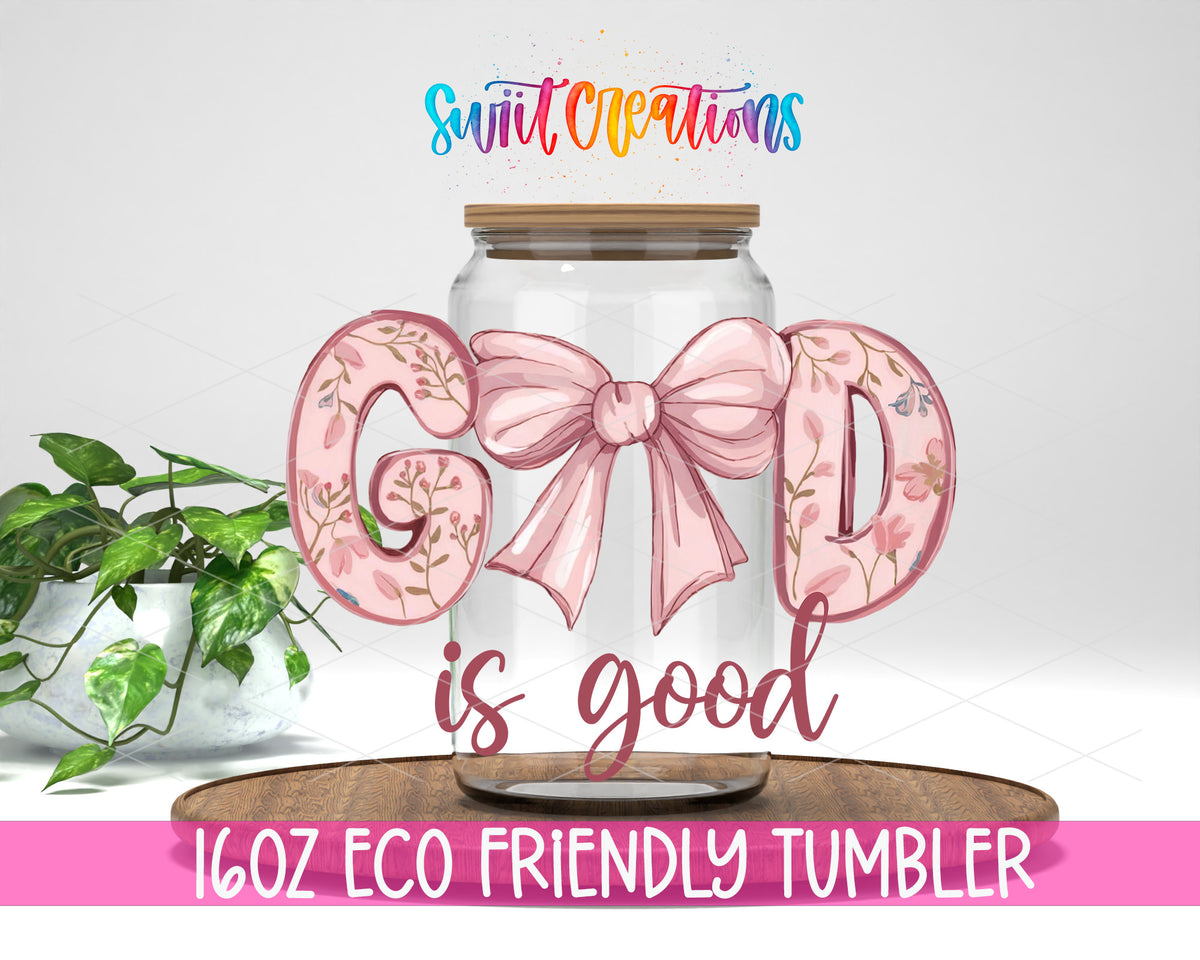 God Is Good design on a 16 oz clear glass tumbler with bamboo lid