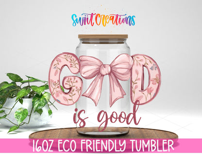 God Is Good design on a 16 oz clear glass tumbler with bamboo lid