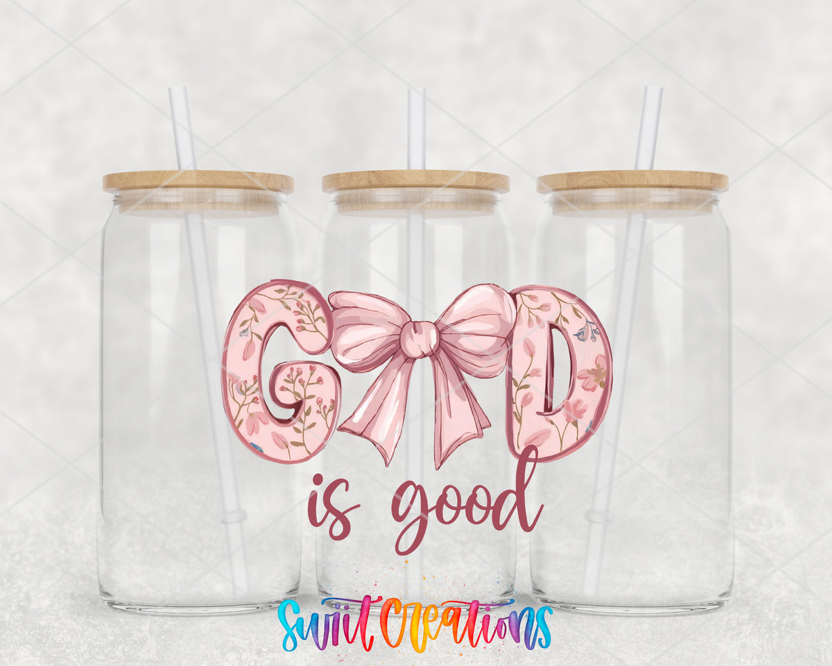 God Is Good clear glass tumbler group mockup with bamboo lids and straws
