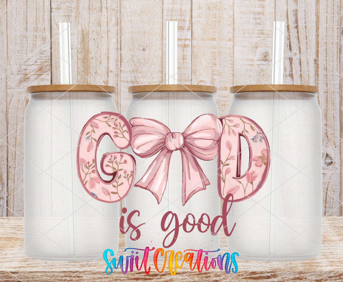 God Is Good frosted glass tumbler mockup with bamboo lids and straws