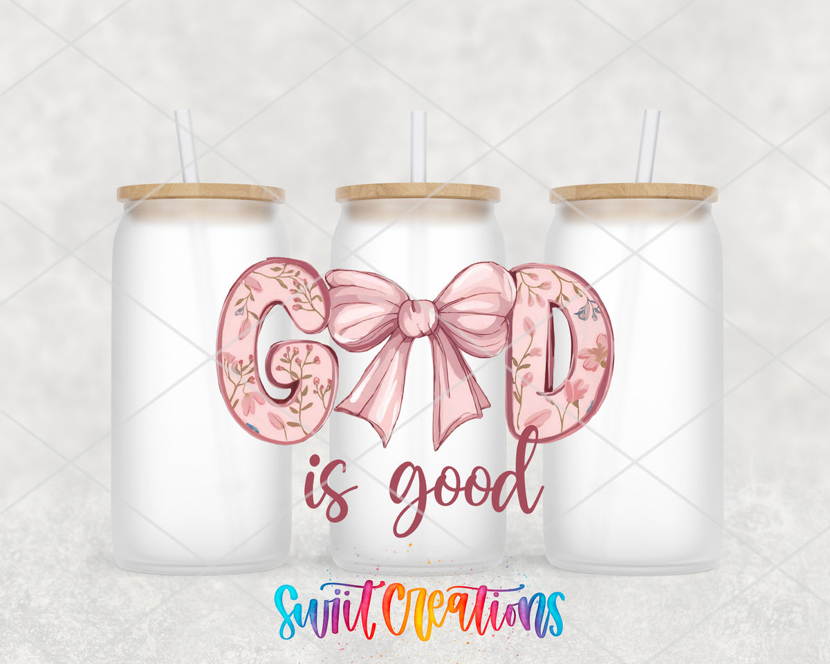God Is Good frosted glass tumbler group view with lids and straws
