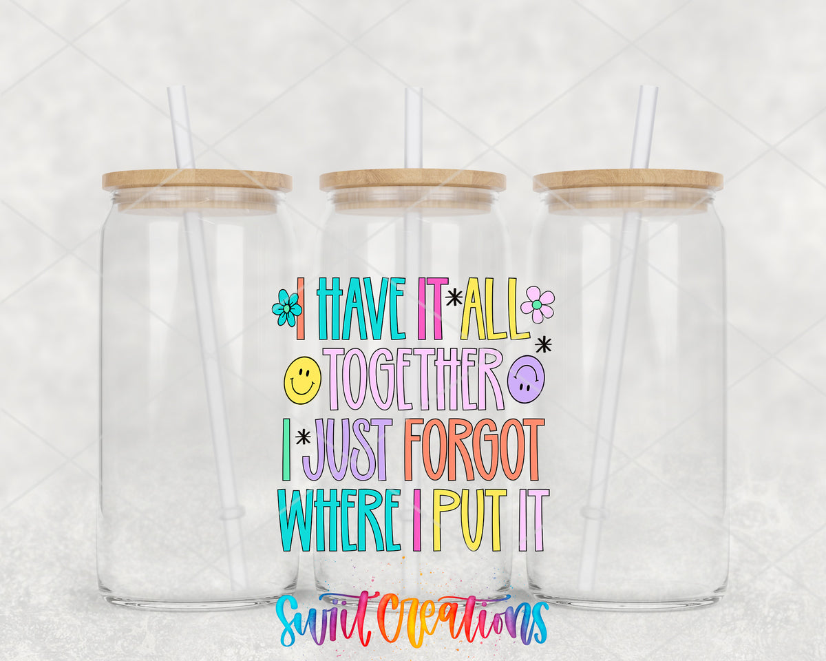 I Have It All Together clear glass tumbler group mockup with bamboo lids and straws