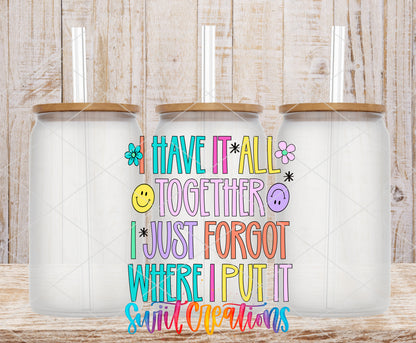 I Have It All Together frosted glass tumbler mockup with bamboo lids and straws