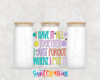 I Have It All Together frosted glass tumbler group view with lids and straws