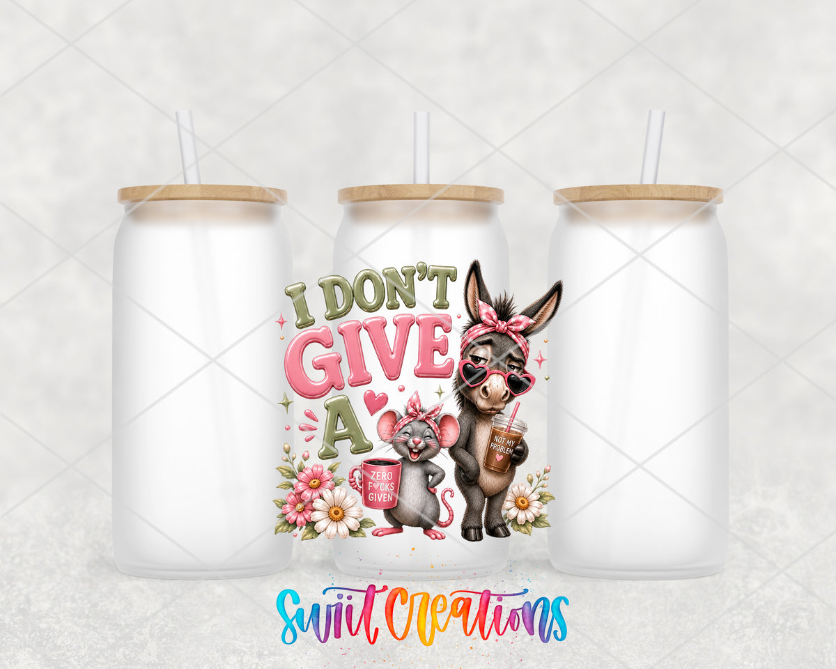 I Don't Give a Rat's Ass frosted glass tumbler group view with lids and straws