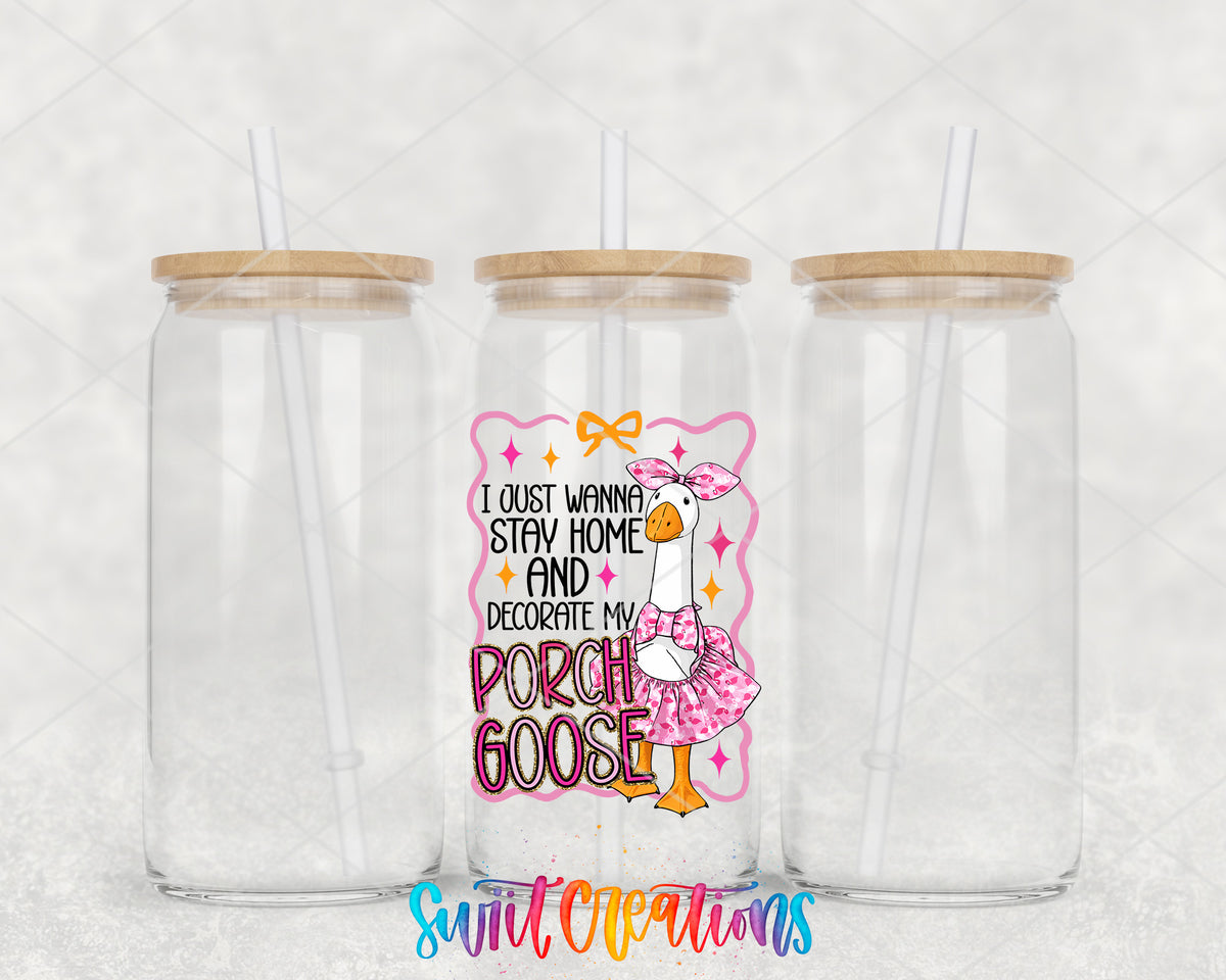 Porch Goose clear glass tumbler group mockup with bamboo lids and straws