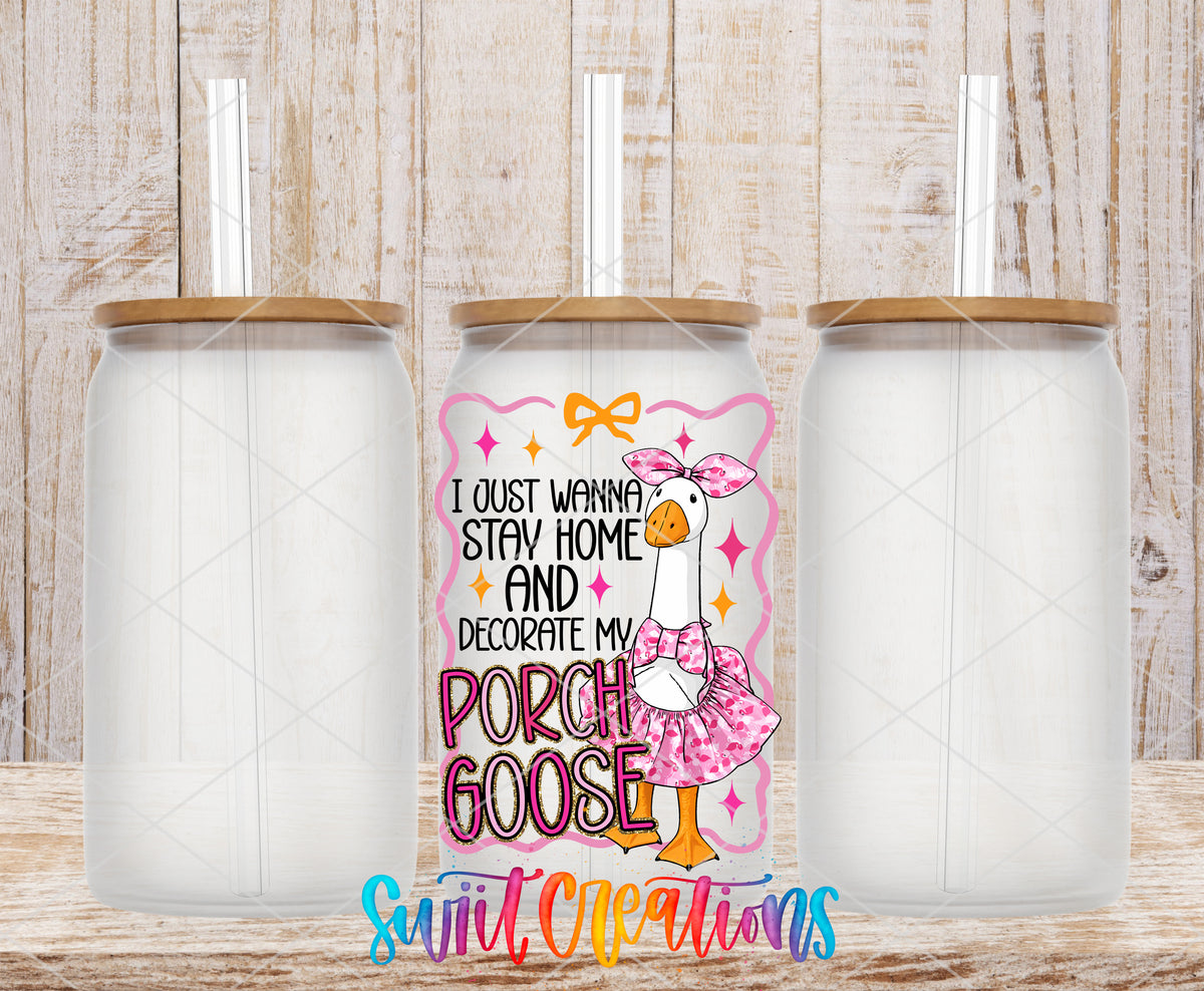 Porch Goose frosted glass tumbler mockup with bamboo lids and straws
