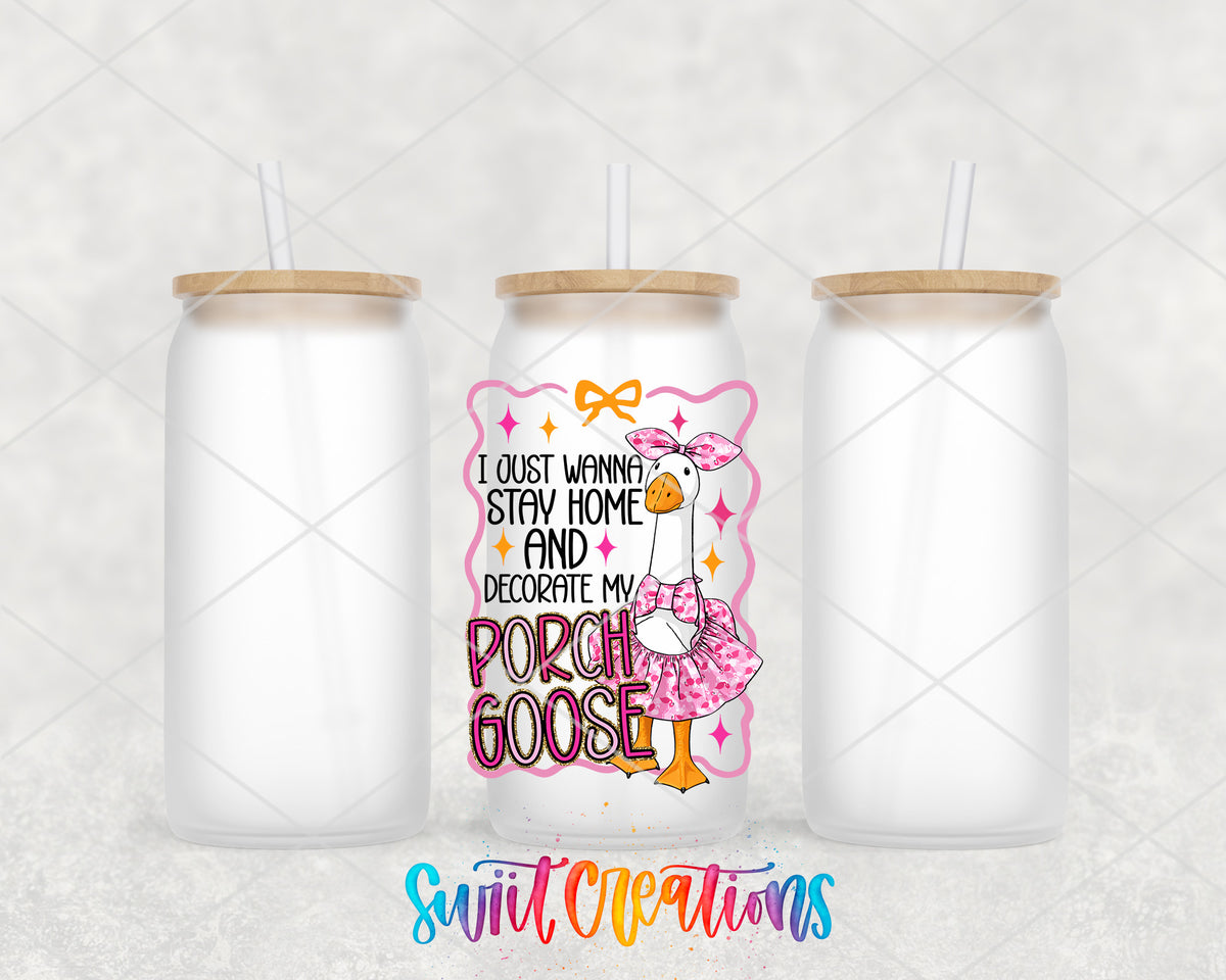 Porch Goose frosted glass tumbler group view with lids and straws