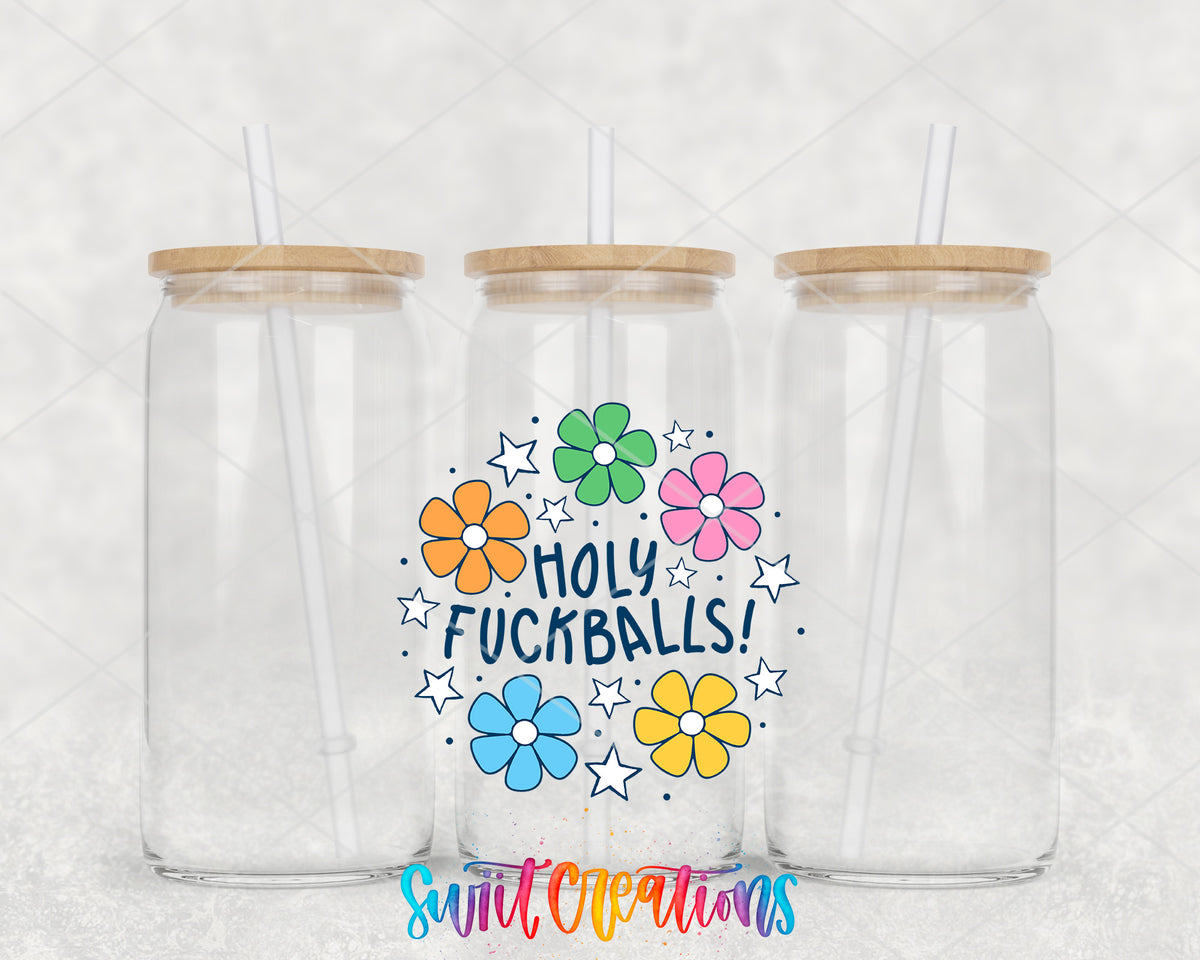 Holy Fuckballs clear glass tumbler group mockup with bamboo lids and straws