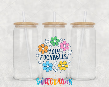 Holy Fuckballs clear glass tumbler group mockup with bamboo lids and straws