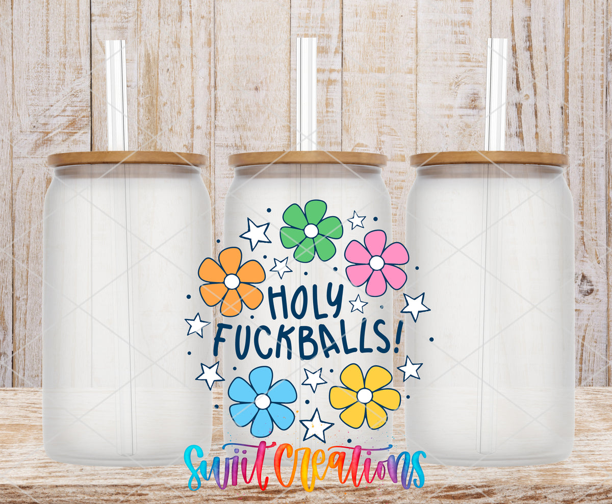 Holy Fuckballs frosted glass tumbler mockup with bamboo lids and straws