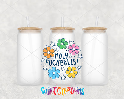 Holy Fuckballs frosted glass tumbler group view with lids and straws