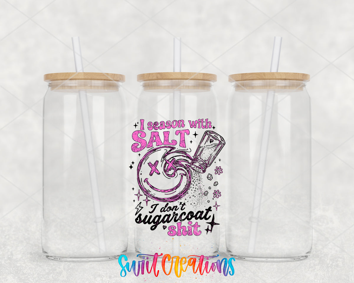 I Season With Salt clear glass tumbler group mockup with bamboo lids and straws