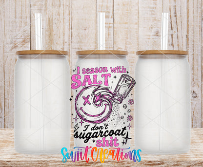 I Season With Salt frosted glass tumbler mockup with bamboo lids and straws