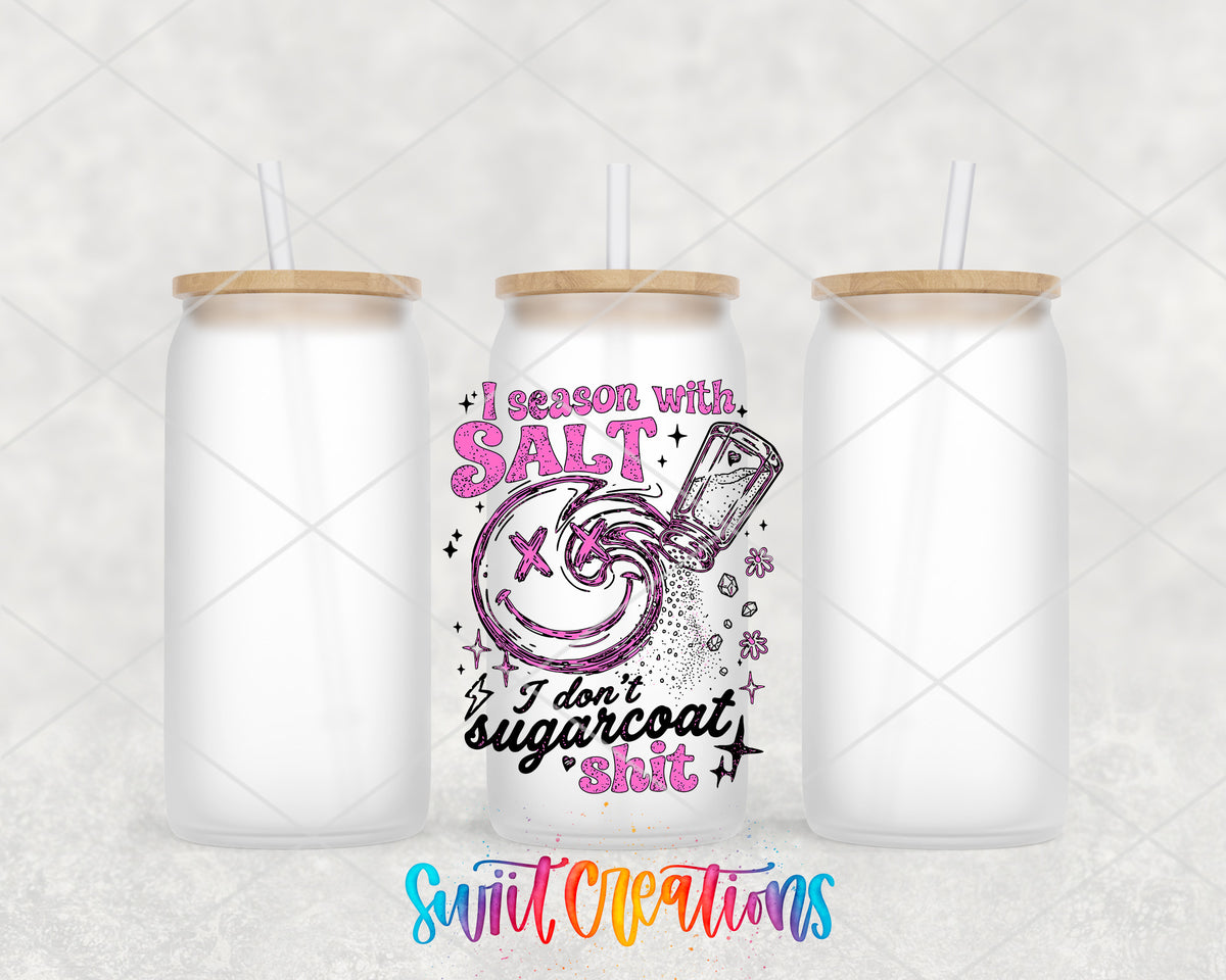 I Season With Salt frosted glass tumbler group view with lids and straws