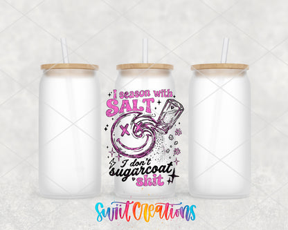 I Season With Salt frosted glass tumbler group view with lids and straws
