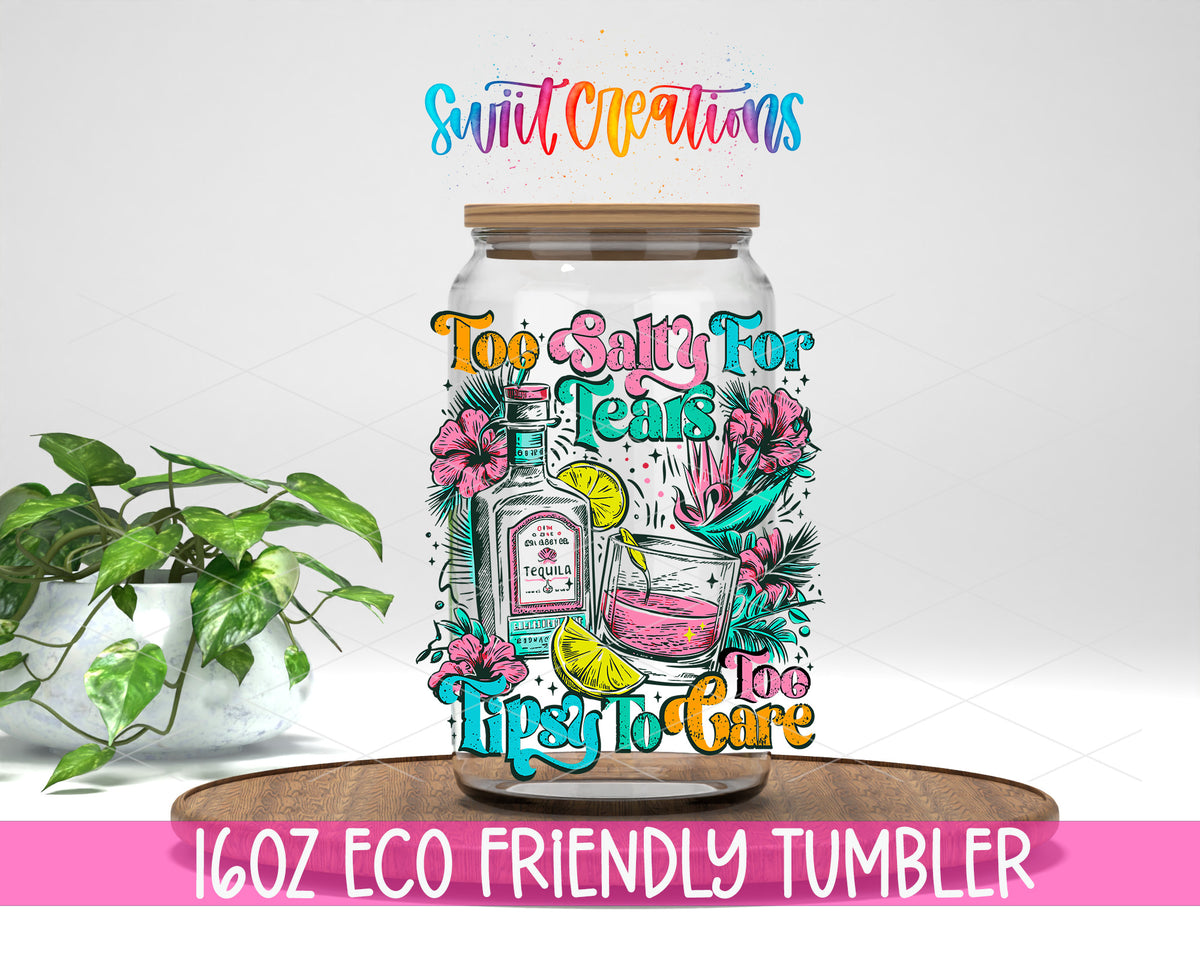Too Salty to Care design on a 16 oz clear glass tumbler with bamboo lid
