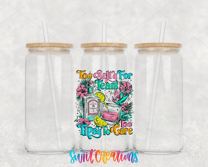 Too Salty to Care clear glass tumbler group mockup with bamboo lids and straws
