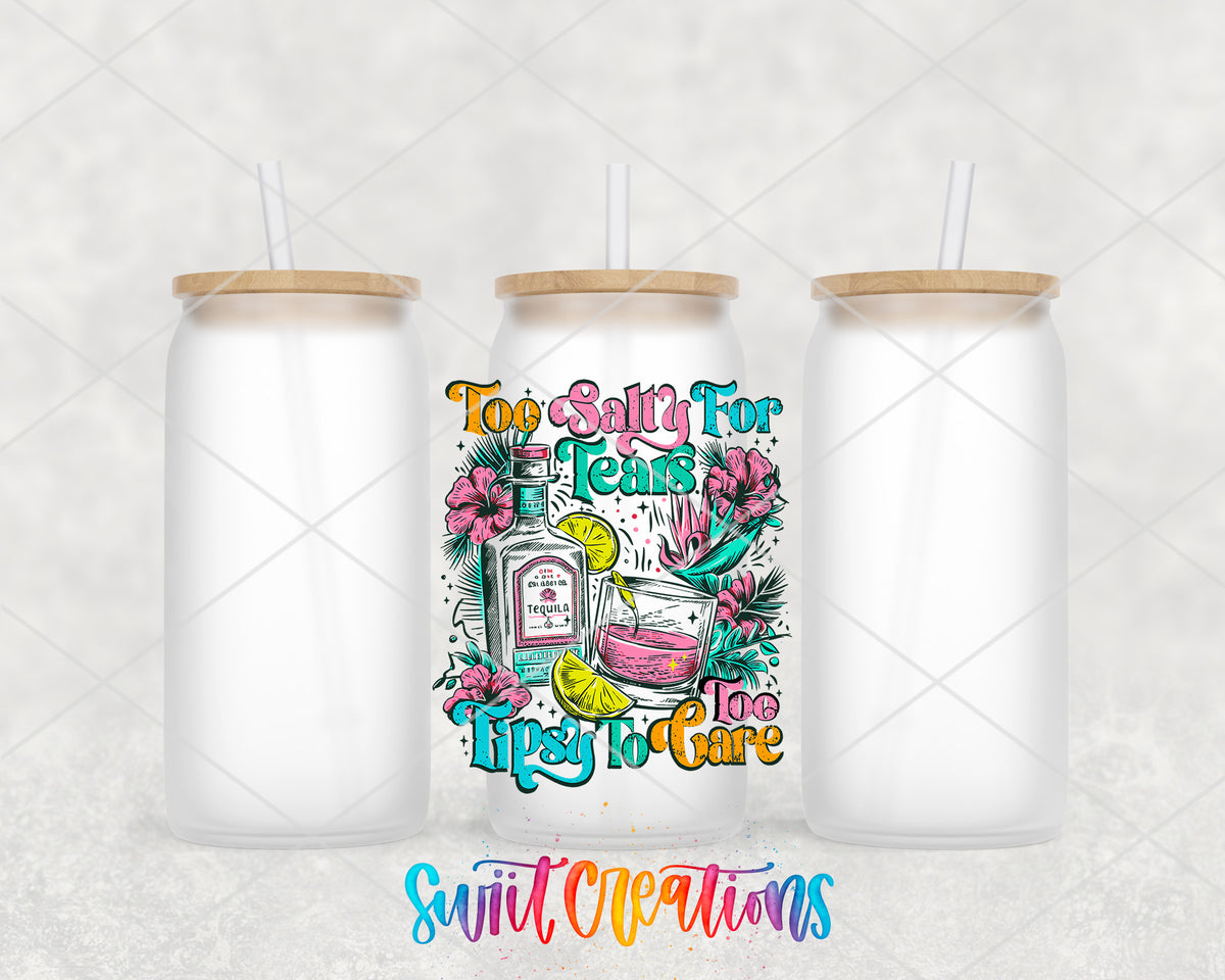 Too Salty to Care frosted glass tumbler group view with lids and straws