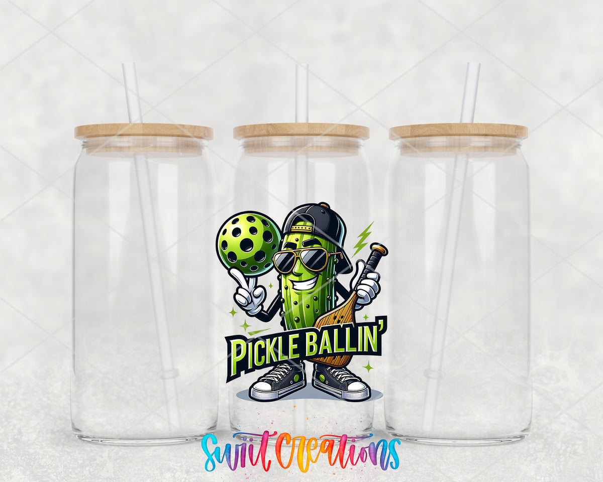 Pickle Ballin clear glass tumbler group mockup with bamboo lids and straws