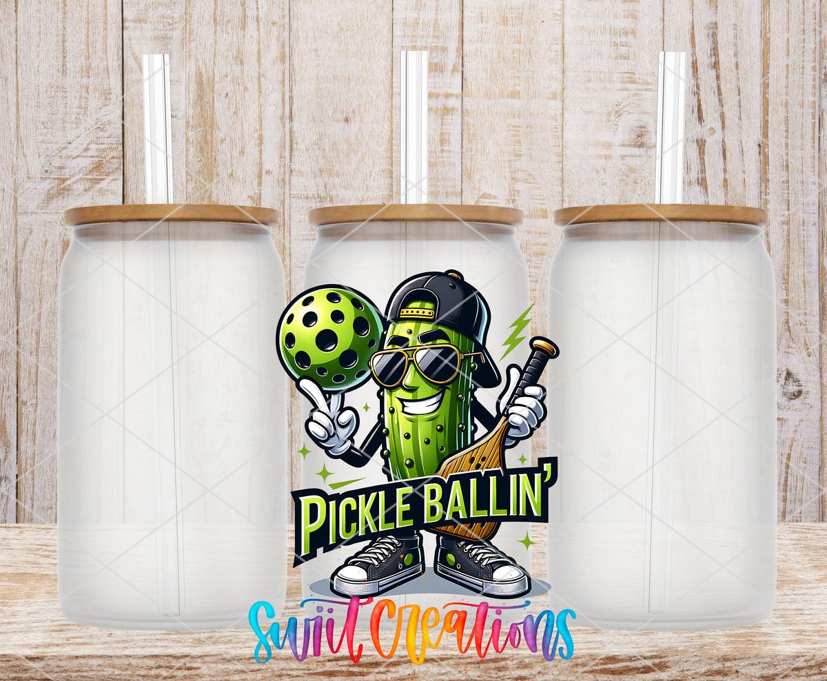 Pickle Ballin frosted glass tumbler mockup with bamboo lids and straws