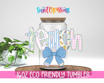 Teach design on a 16 oz clear glass tumbler with bamboo lid