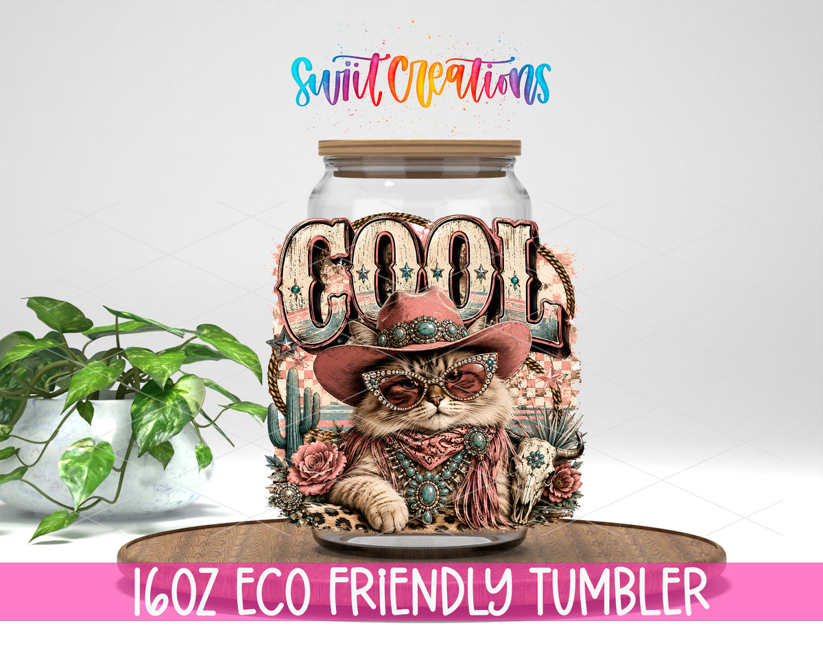 Western Glam Cool Cat design on a 16 oz clear glass tumbler with bamboo lid