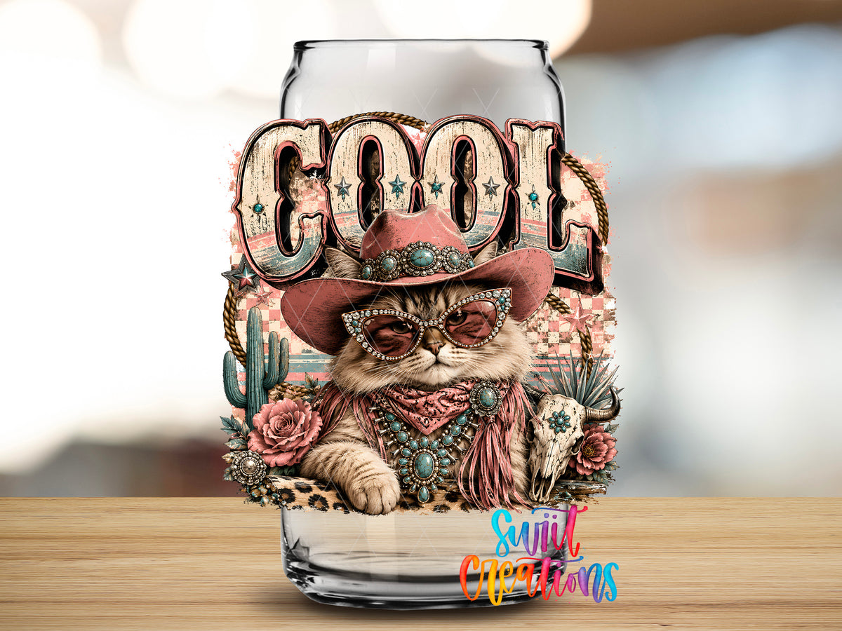 Western Glam Cool Cat design close-up on a clear glass can tumbler