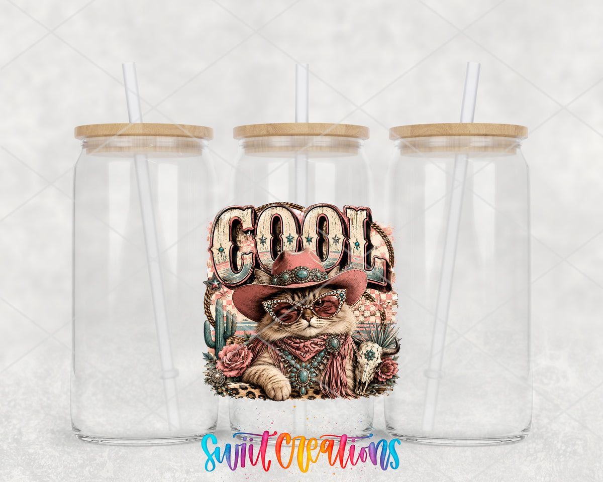 Western Glam Cool Cat clear glass tumbler group mockup with bamboo lids and straws