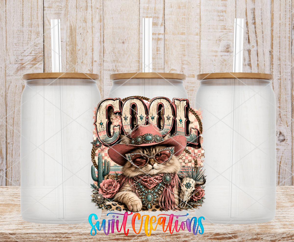 Western Glam Cool Cat frosted glass tumbler mockup with bamboo lids and straws